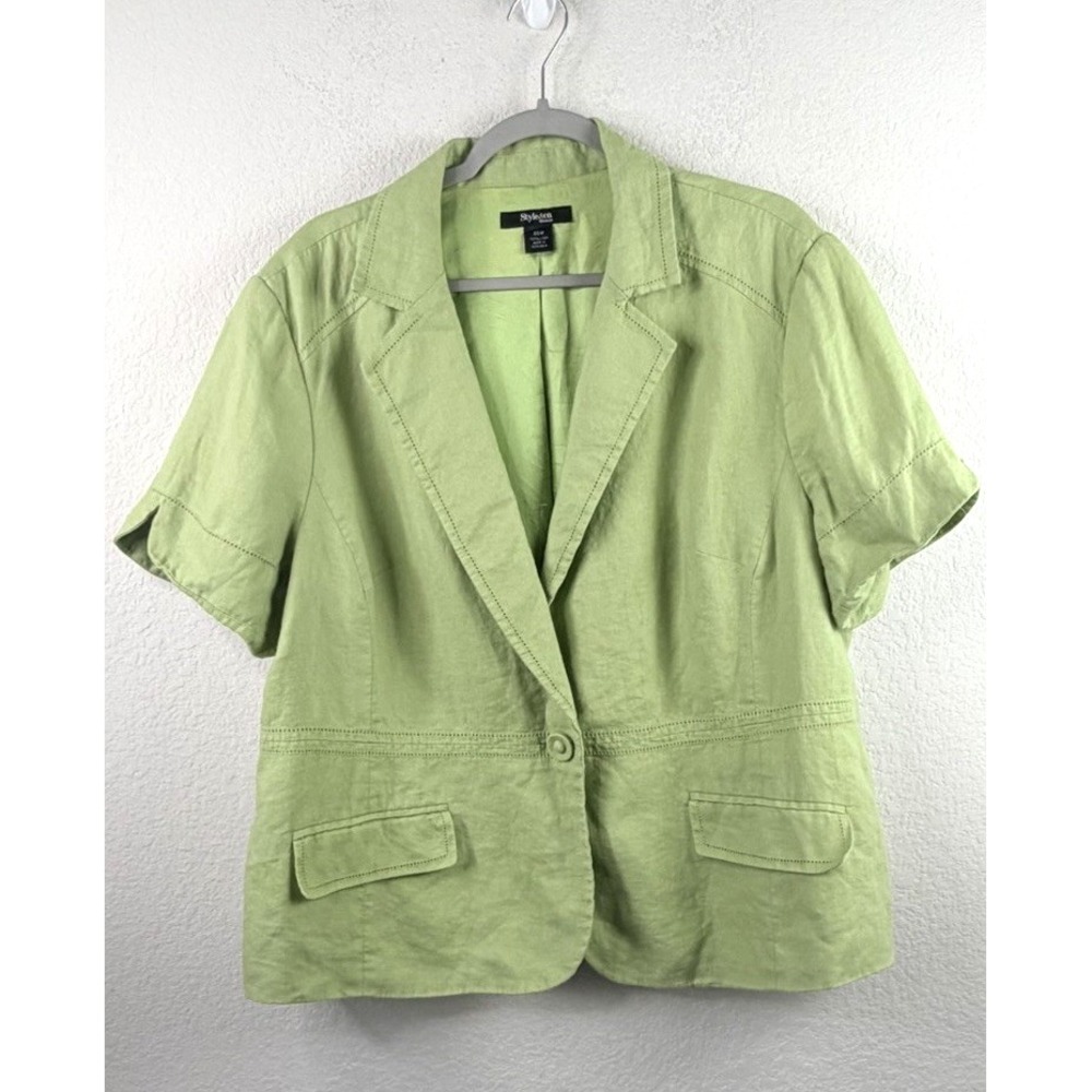 Style & Co 100% Linen Short Sleeve Blazer Women's 20W Green Career Office